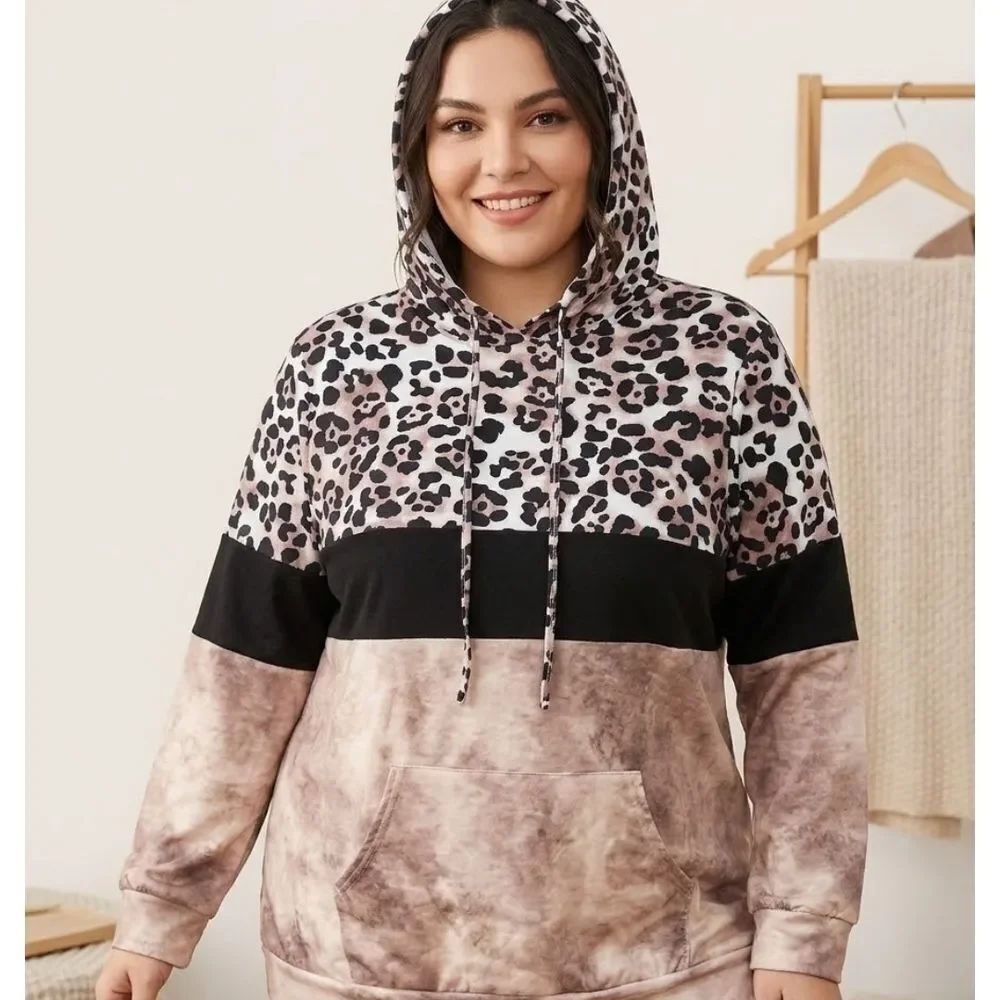 Shein Colorblock Leopard Print and Tie-Dye Hoodie Size 2XL